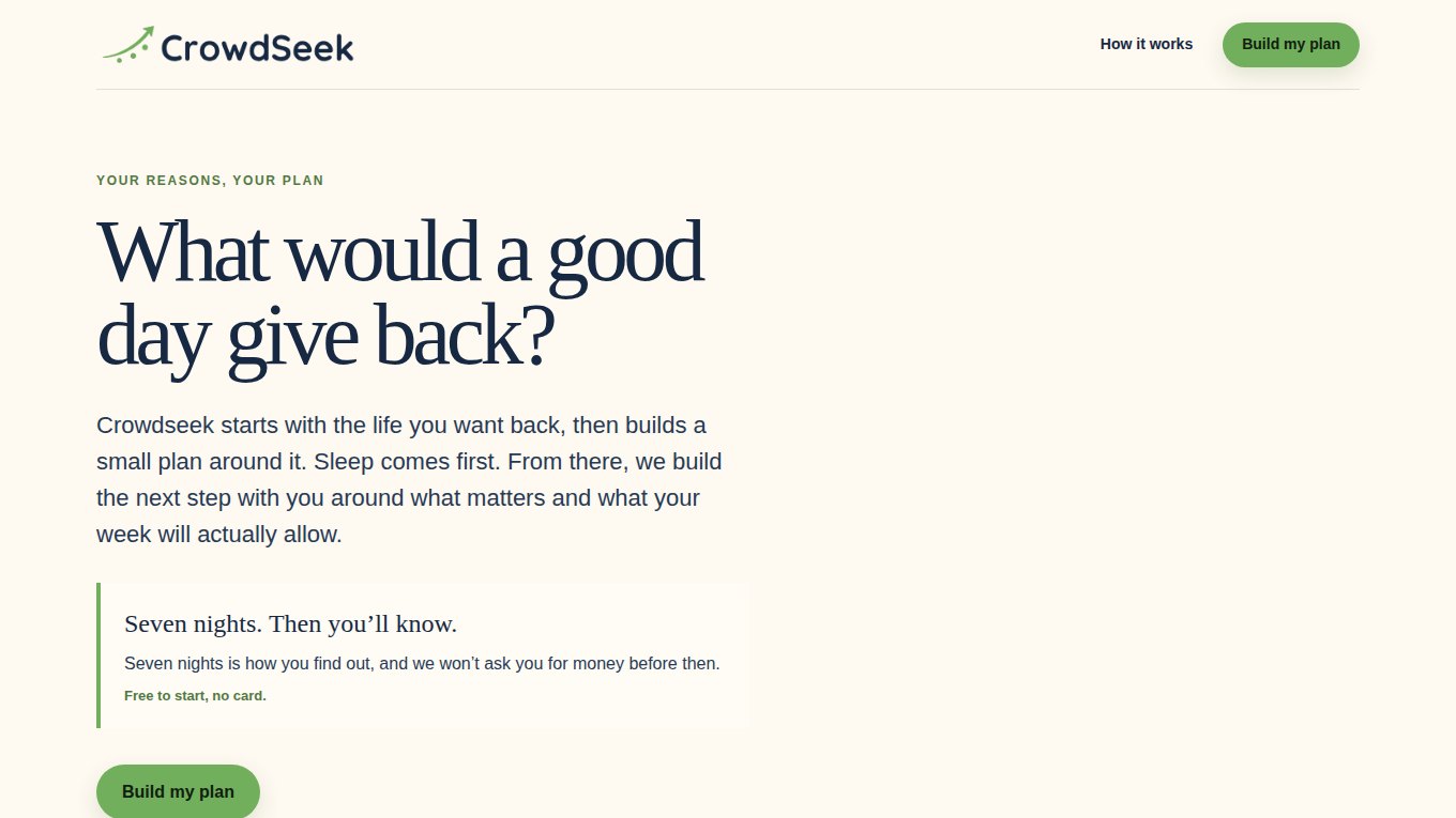 Crowdseek Sleep Pilot landing page headline: What would a good day give back?