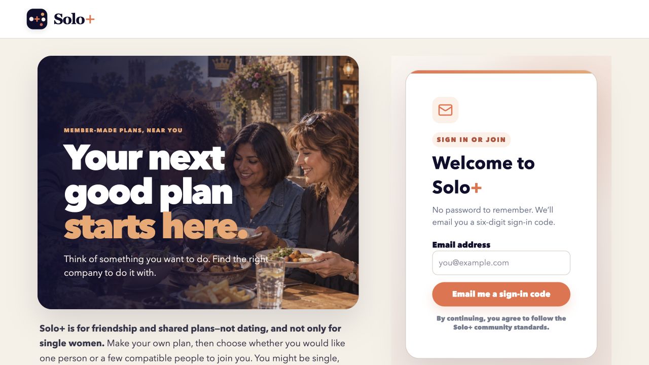 Solo+ homepage, showing member-made plans and the option to sign in or join